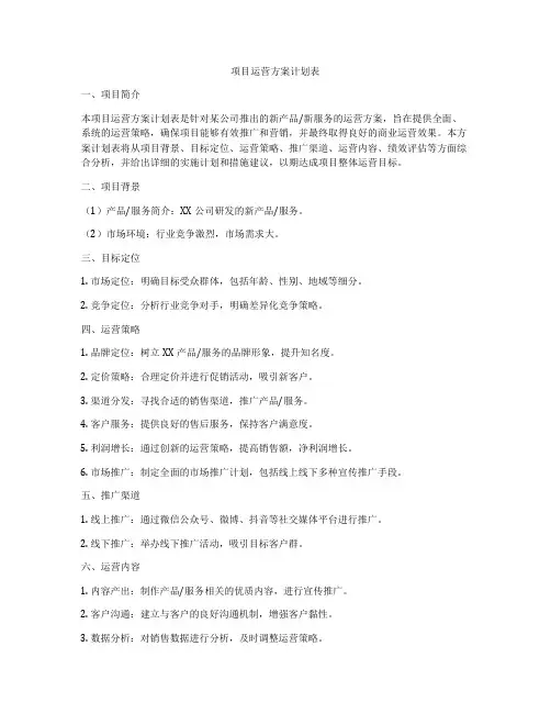 项目运营方案计划表
