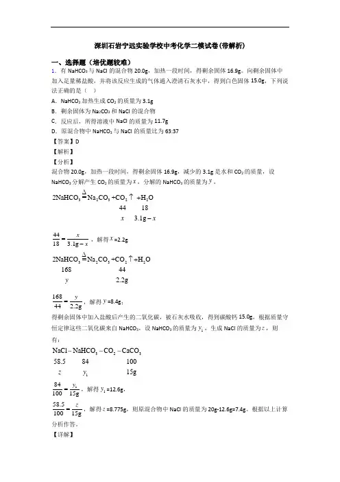 深圳石岩宁远实验学校中考化学二模试卷(带解析)