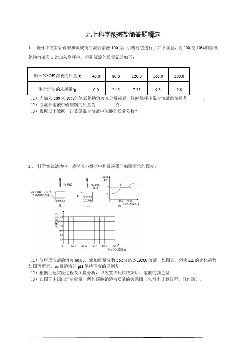 第一章  化学酸碱盐计算专题 培优-浙教版九年级科学上册