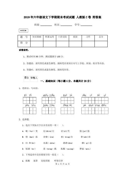 2019年六年级语文下学期期末考试试题 人教版C卷 附答案