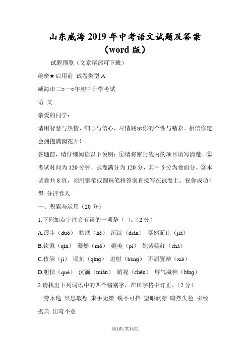 山东威海中考语文试题及答案(word版)