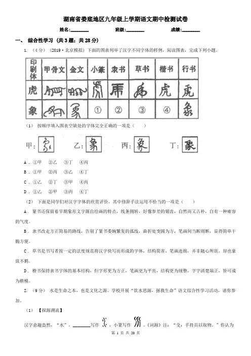 湖南省娄底地区九年级上学期语文期中检测试卷