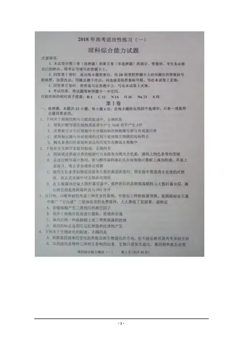 山东省烟台市2018届高三高考适应性练习(一)理科综合试题+扫描版含答案