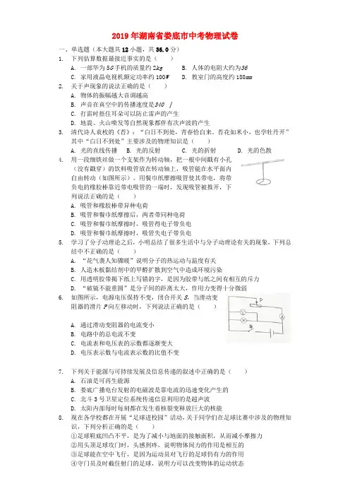 湖南省娄底市年中考物理真题试题(含解析)