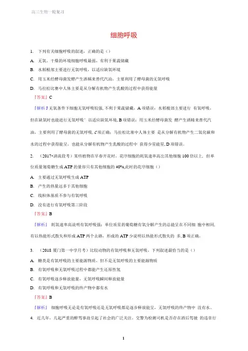 高三生物一轮复习课时作业11：细胞呼吸练习