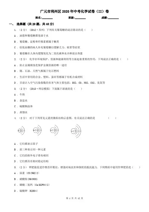 广元市利州区2020年中考化学试卷(II)卷