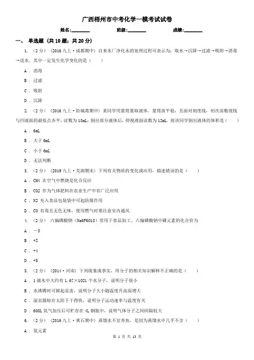 广西梧州市中考化学一模考试试卷