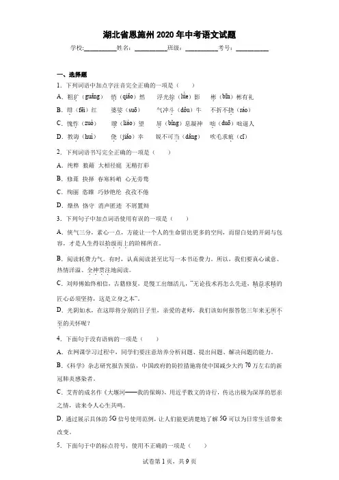 湖北省恩施州2020年中考语文试题