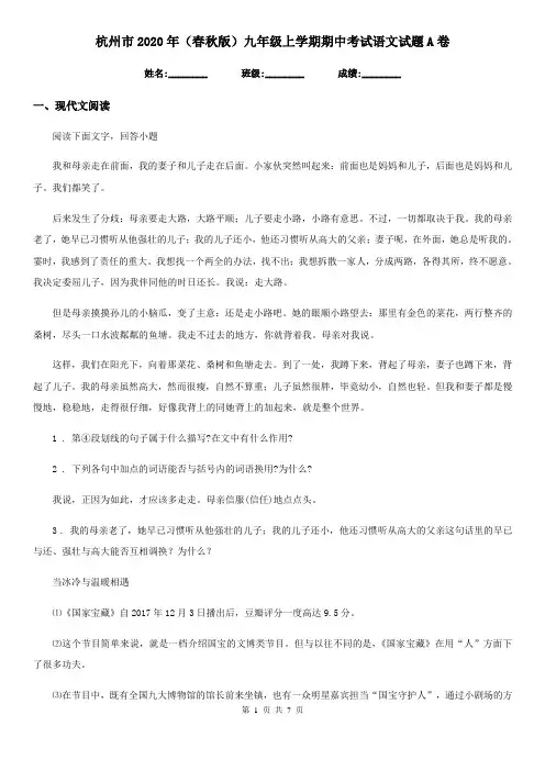 杭州市2020年(春秋版)九年级上学期期中考试语文试题A卷