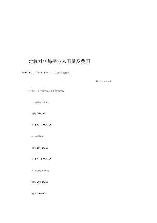 建筑材料每平方米用量与费用