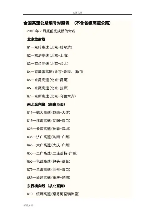 全国高速公路编号对照表