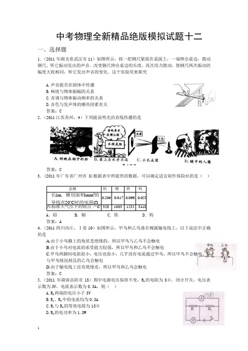 【新课标】中考物理全新精品绝版模拟试题十二(word版、含答案)2013