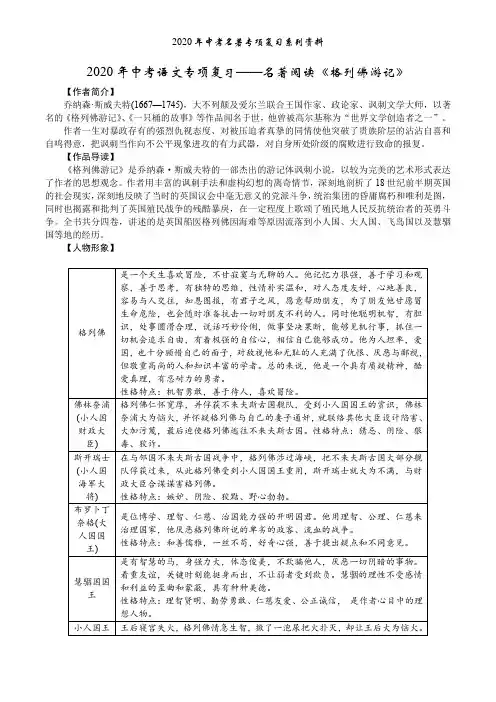 2020年中考语文专项复习——名著阅读《格列佛游记》