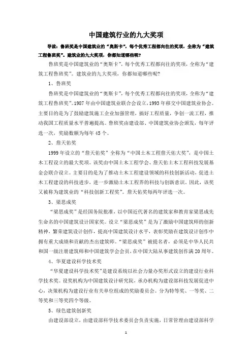 中国建筑行业的九大奖项