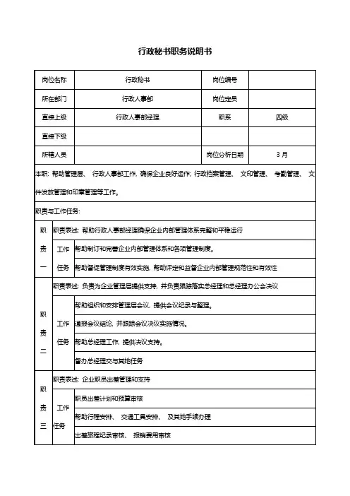 医药企业行政秘书职务说明书