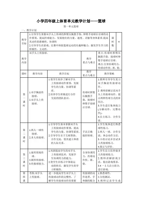 小学四年级上体育单元教学计划——篮球