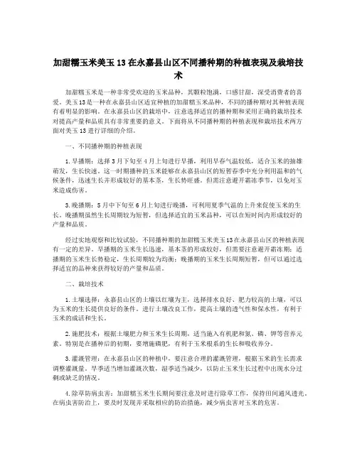 加甜糯玉米美玉13在永嘉县山区不同播种期的种植表现及栽培技术