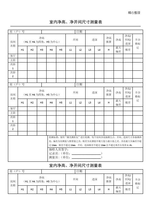 (新)室内净高、净开间尺寸测量表格模板