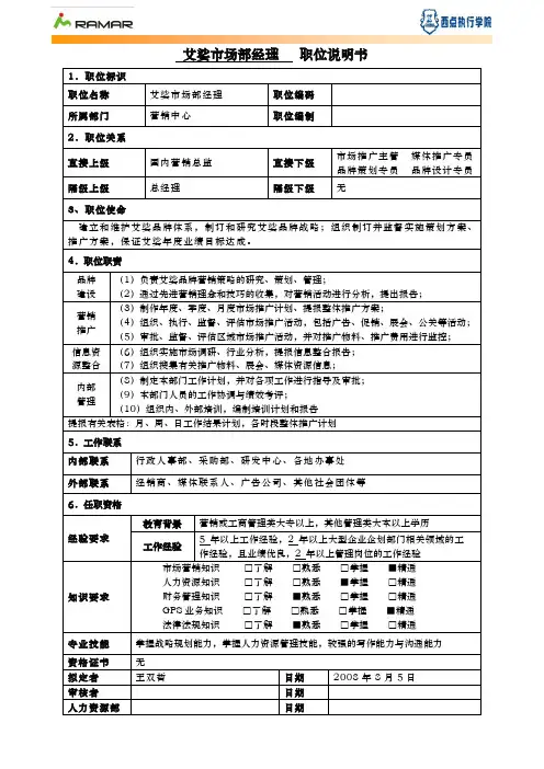 市场部经理职位说明书