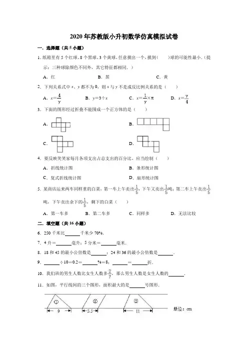 六年级下册数学试题   2020年小升初数学仿真模拟试卷1  苏教版(有答案)