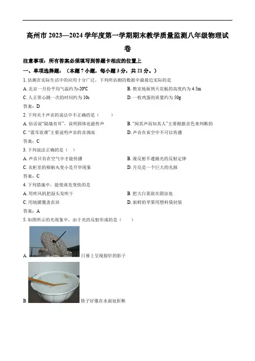 广东省茂名市高州市2023-2024学年八年级上学期期末考试物理试卷(含答案)