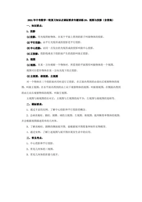 专题训练20：视图与投影-2021年中考数学一轮复习知识点课标要求