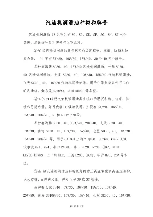 汽油机润滑油种类和牌号