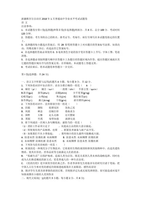 新疆维吾尔自治区2018年1月普通高中学业水平考试试题卷 语文