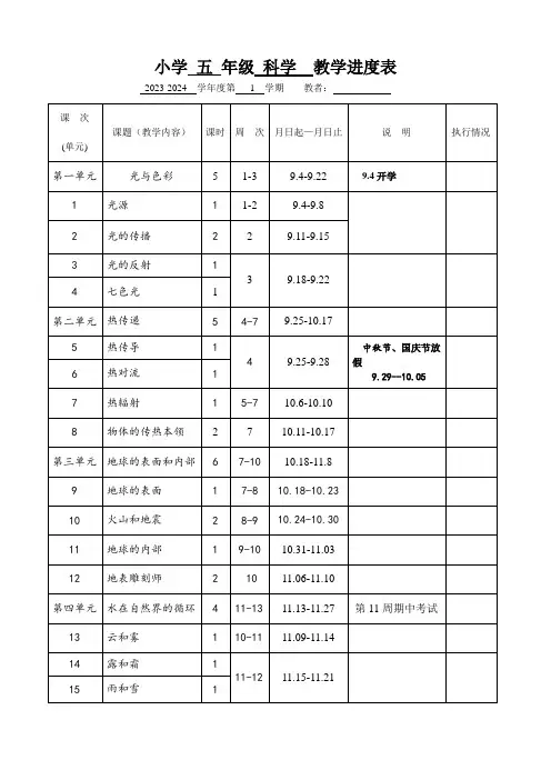 五年级上册科学 教学进度表