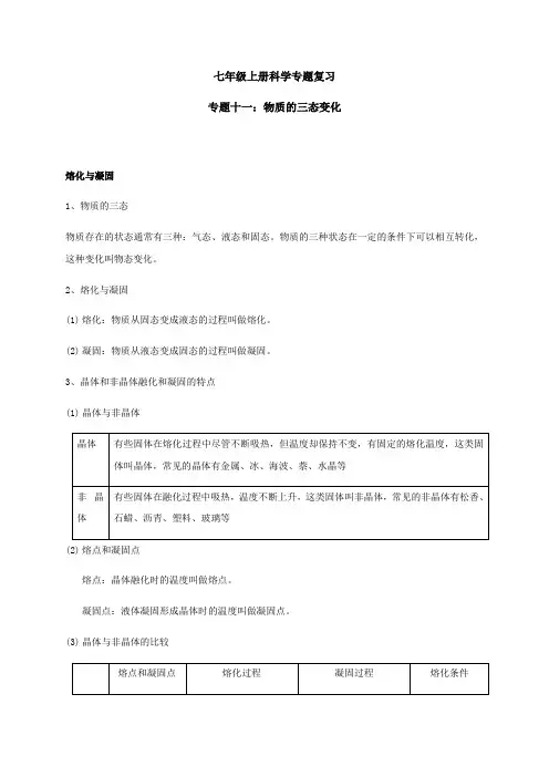 专题十一：物质的三态变化—浙教版七年级科学上学期期末备考专题复习讲义
