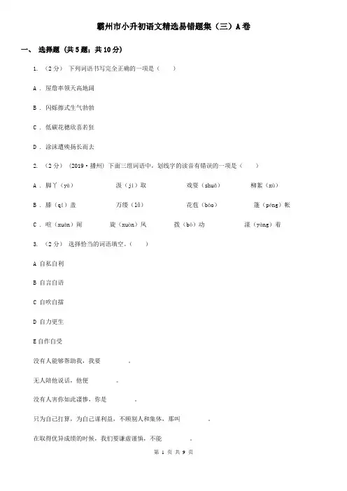 霸州市小升初语文精选易错题集(三)A卷