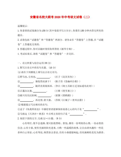 安徽省名校大联考2020年中考语文试卷(二)
