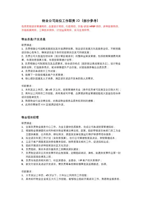 物业公司岗位工作职责JD(部分参考)