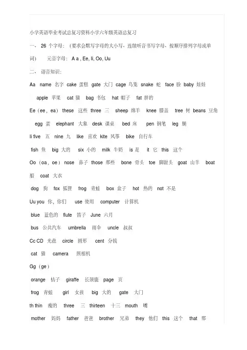 精心整理：小学英语毕业考试总复习资料小学六年级英语总复习