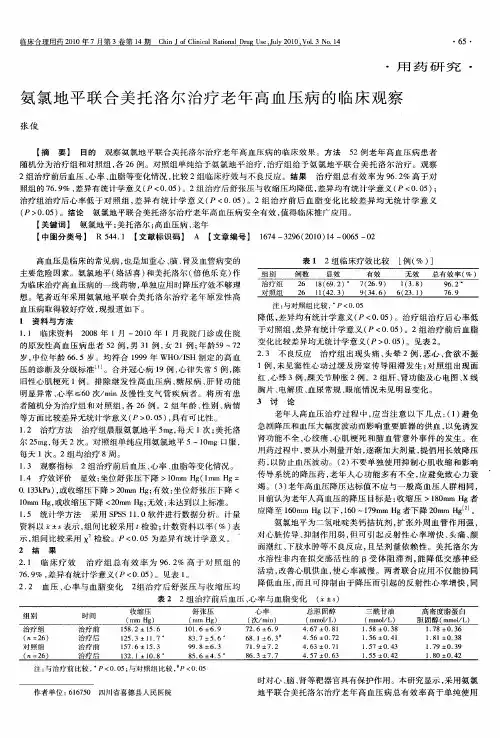 氨氯地平联合美托洛尔治疗老年高血压病的临床观察
