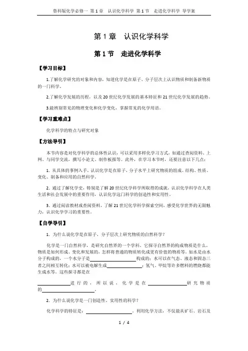 鲁科版化学必修一 第1章  认识化学科学 第1节  走进化学科学 导学案