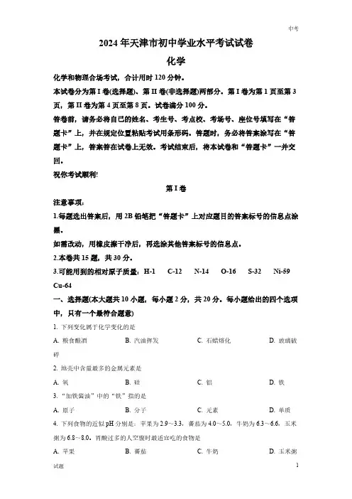 2024年天津市中考化学真题卷含答案解析