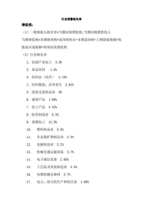 行业预警税负率(增值税、企业所得税)