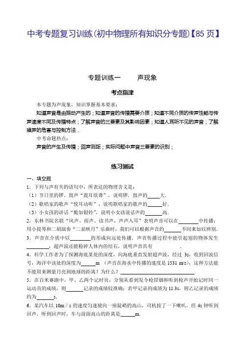中考物理分章总复习以及总检测题(含答案)(共85页)