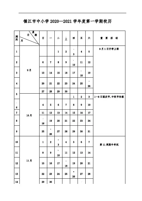 2020--2021学年度第一学期校历