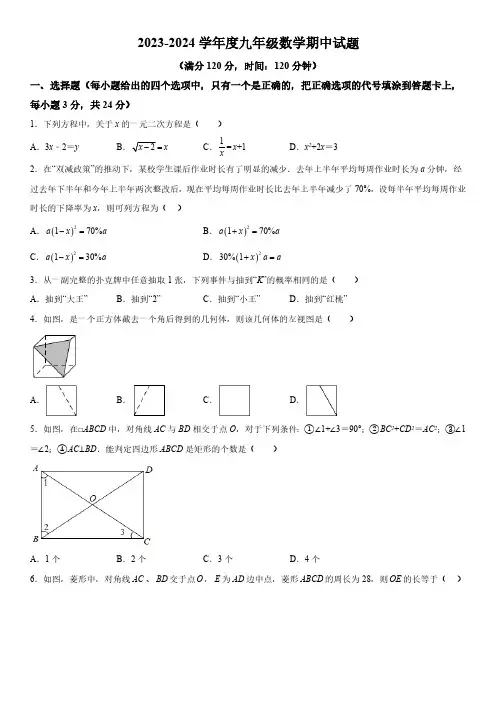 山东省菏泽市郓城县2023-2024学年九年级上学期期中数学试题(含解析)