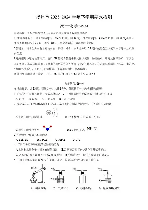 扬州市2023-2024学年高一下学期6月期末检测化学试题(含答案)