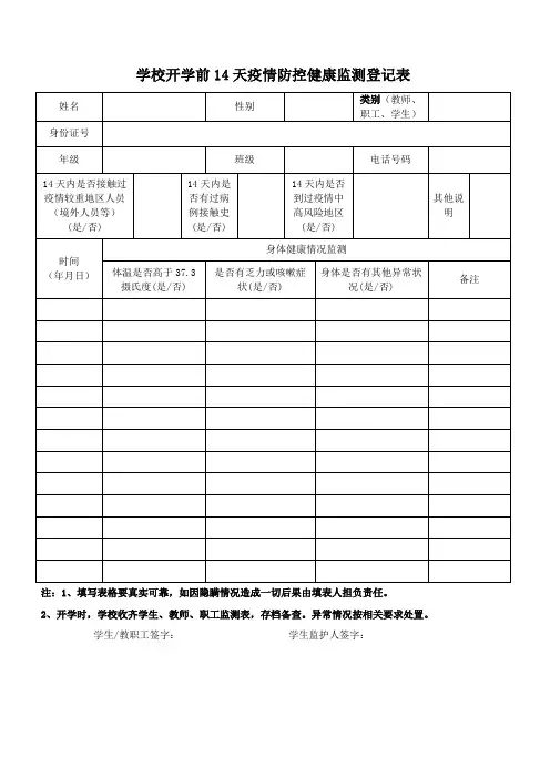 学校开学前14天疫情防控健康监测登记表