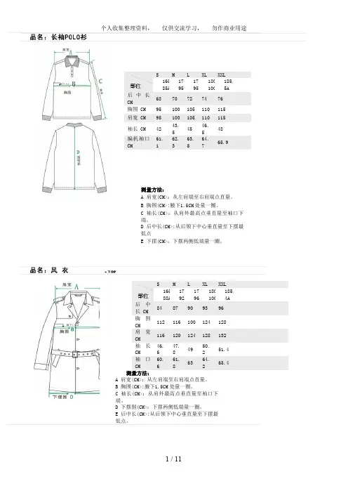 各类衣服尺寸大全