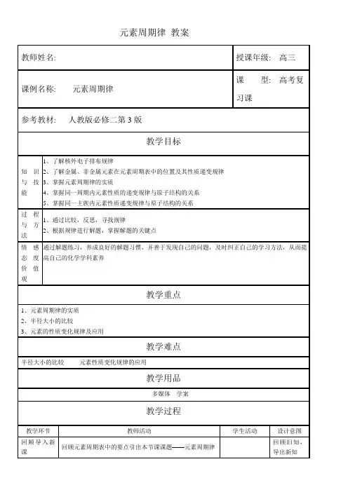 人教版高中化学必修二《元素周期律》教案