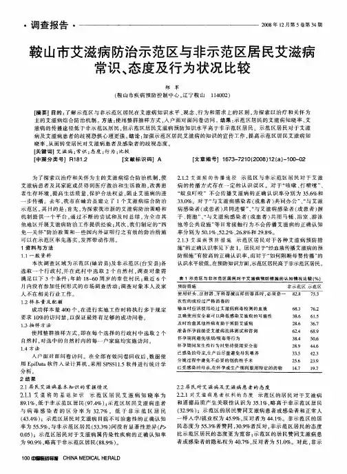 鞍山市艾滋病防治示范区与非示范区居民艾滋病常识、态度及行为状况比较