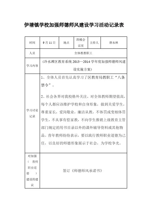 2014年伊塘镇学校下期师德师风学习记录
