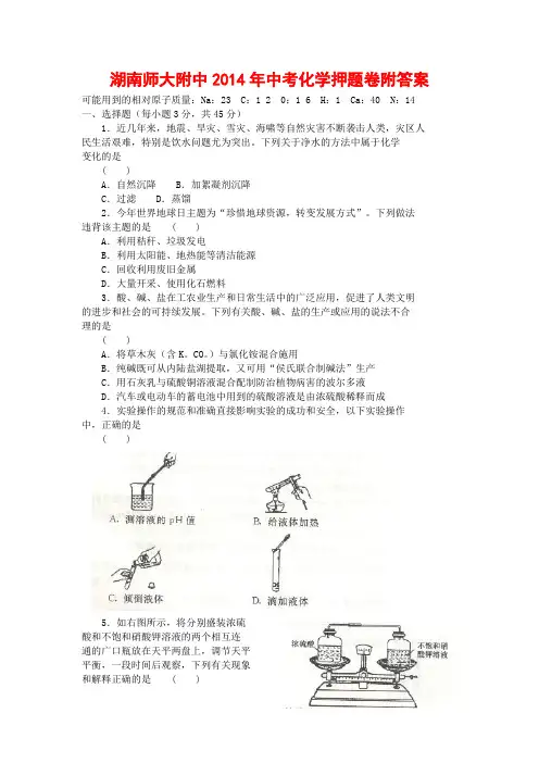 湖南师大附中2014年中考化学押题卷附答案