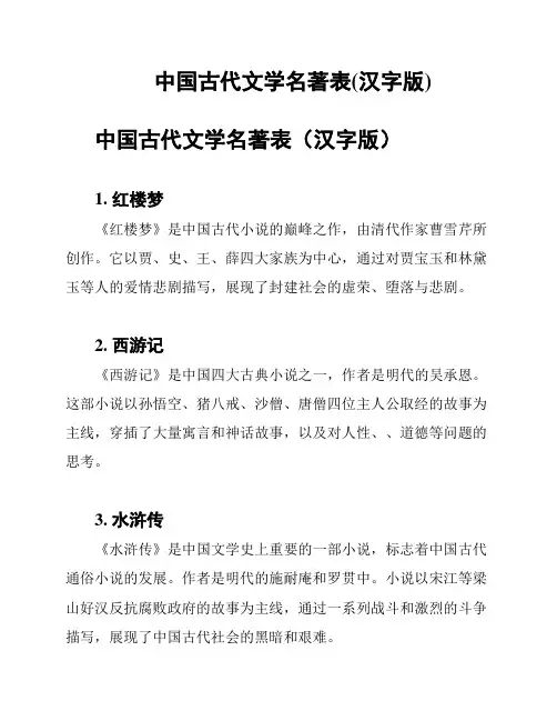中国古代文学名著表(汉字版)