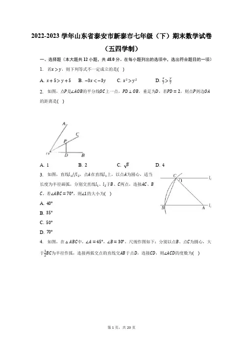 2022-2023学年山东省泰安市新泰市七年级(下)期末数学试卷(五四学制)(含解析)